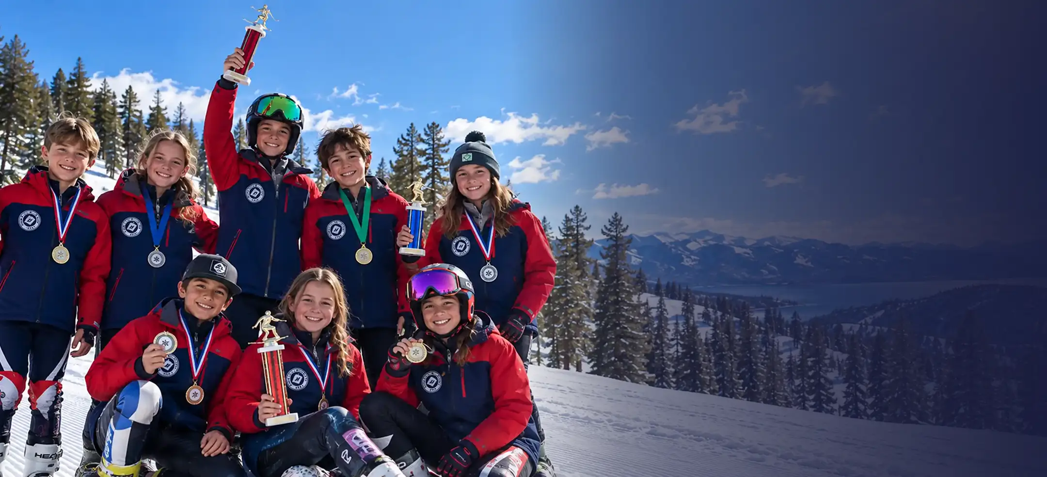 Ski racers celebrate on the podium after putting their alpine skiing skills to the test. These moments reflect ski club training focused on building athletes, enjoying racing, and having fun together. For the organization behind each season, skiteam.app serves ski clubs, teams, and camps.